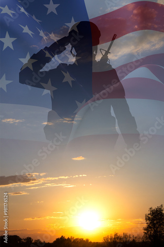 Silhouette of a soldier with USA flag against the sunset