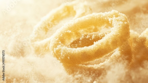 Close-up of crispy, golden fried onion rings dusted with flour, showcasing delicious, crunchy texture and mouth-watering appeal.