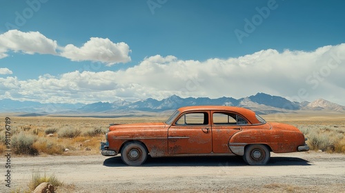 A realistic photo of a vintage western car parked on a dusty road, surrounded by open desert landscapes with mountains in the background. The car's faded paint and rustic details stand out, leaving