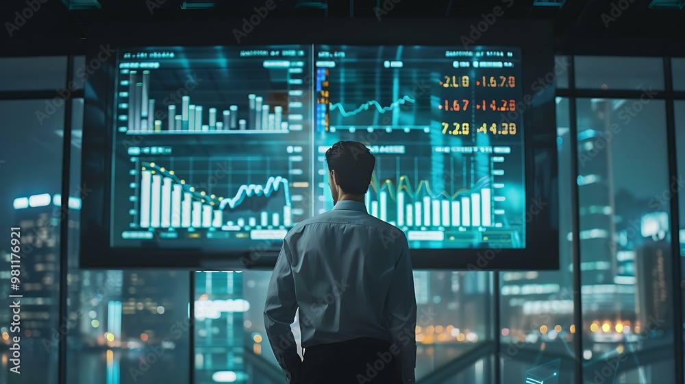 A businessman standing in front of a large screen displaying positive stock market growth trends and financial data in a modern office A businessman standing in front of a large screen displaying positive stock market growth trends and financial data in a modern office