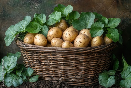 rustic still life of a weathered wicker basket overflowing with earthy potatoes scattered tubers and vibrant green leaves on rich soil create a harvestthemed composition photo