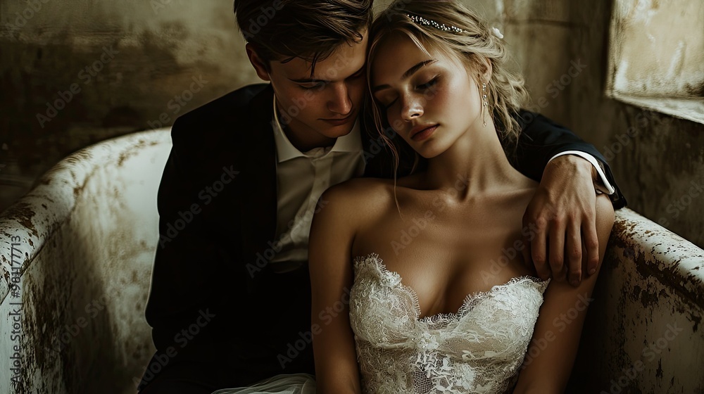 Naklejka premium A bride resting her head on the groom's shoulder as they sit on the edge of a vintage tub, with soft light creating a romantic mood.74601a788944