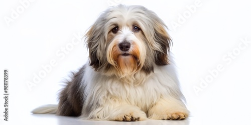 Fluffy white Polish Lowland Sheepdog with brown eyes and gray patches sits alone on a clean white background, showcasing its curly coat and cute expression.