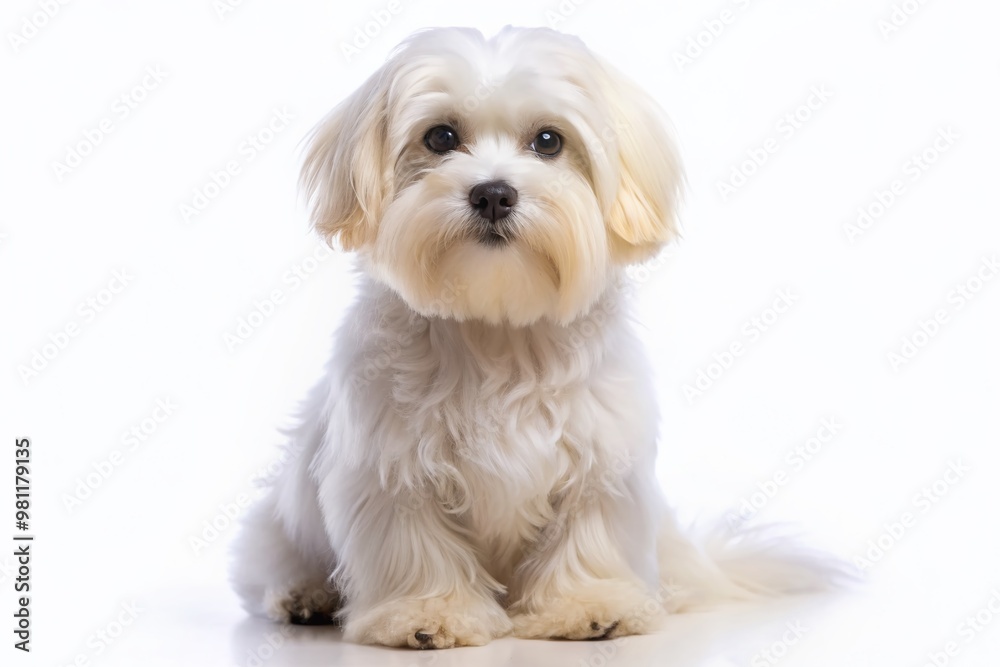 Adorable Maltese dog sitting upright on a soft white isolated pastel background, showcasing its fluffy coat and sweet expression, with plenty of copy space available. Adorable Maltese dog sitting upright on a soft white isolated pastel background, showcasing its fluffy coat and sweet expression, with plenty of copy space available.