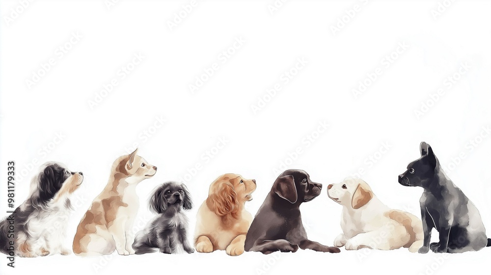 Obraz premium dogs of different breeds on a white background in watercolor, copy space
