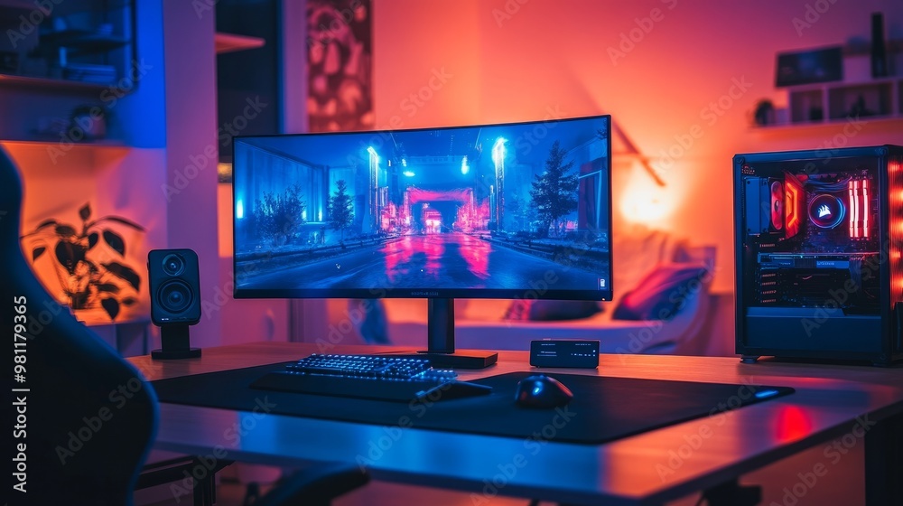 Minimalist gaming setup with an ultra-wide monitor, wireless peripherals, and ambient LED lighting in a futuristic room. Minimalist gaming setup with an ultra-wide monitor, wireless peripherals, and ambient LED lighting in a futuristic room.