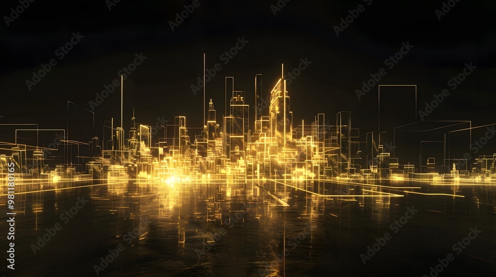 Golden City Skyline: An abstract, futuristic city skyline outlined with golden light, shining from above and below, against a deep black night sky Golden City Skyline: An abstract, futuristic city skyline outlined with golden light, shining from above and below, against a deep black night sky