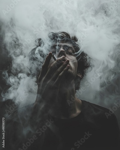 A person holding a cigarette with a look of deep concern, surrounded by smoke, symbolizing the struggle with addiction and the health risks involved. photo