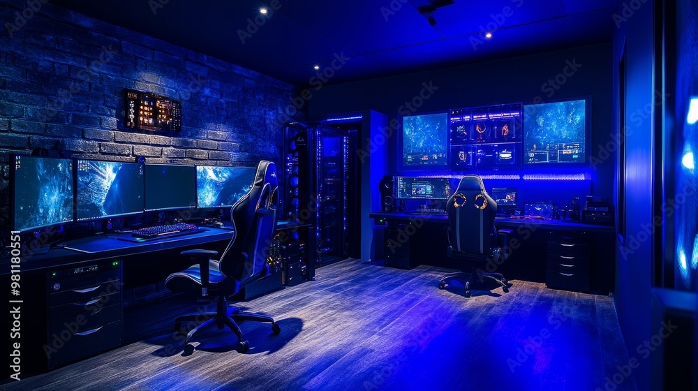 Professional gaming studio with high-spec gaming rigs, LED accent walls, and soundproof doors for an elite gaming experience. Professional gaming studio with high-spec gaming rigs, LED accent walls, and soundproof doors for an elite gaming experience.