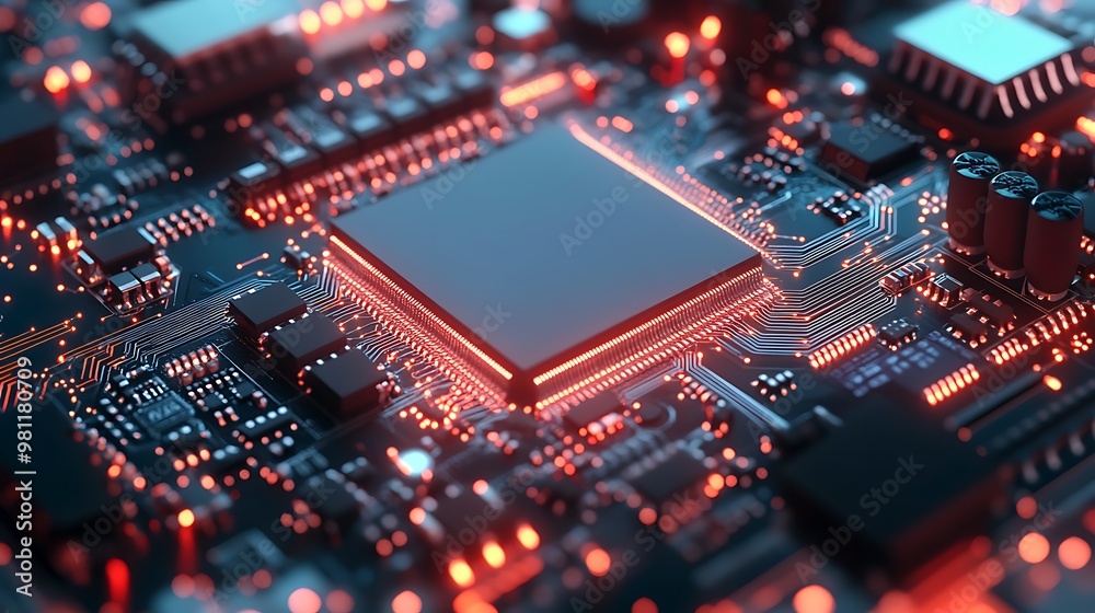 Circuit Board with Red Glowing Lines