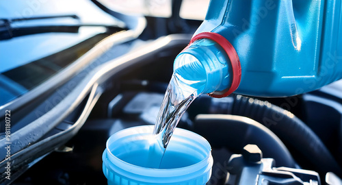  Pouring antifreeze Filling a windshield washer tank with an antifreeze . photo