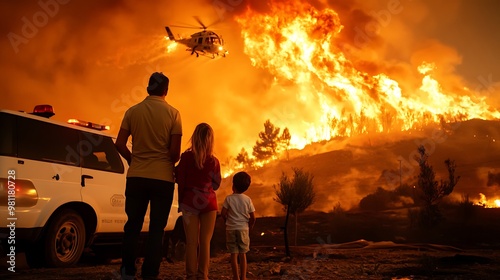 Family Observing Wildfire and Helicopter Rescue Effort