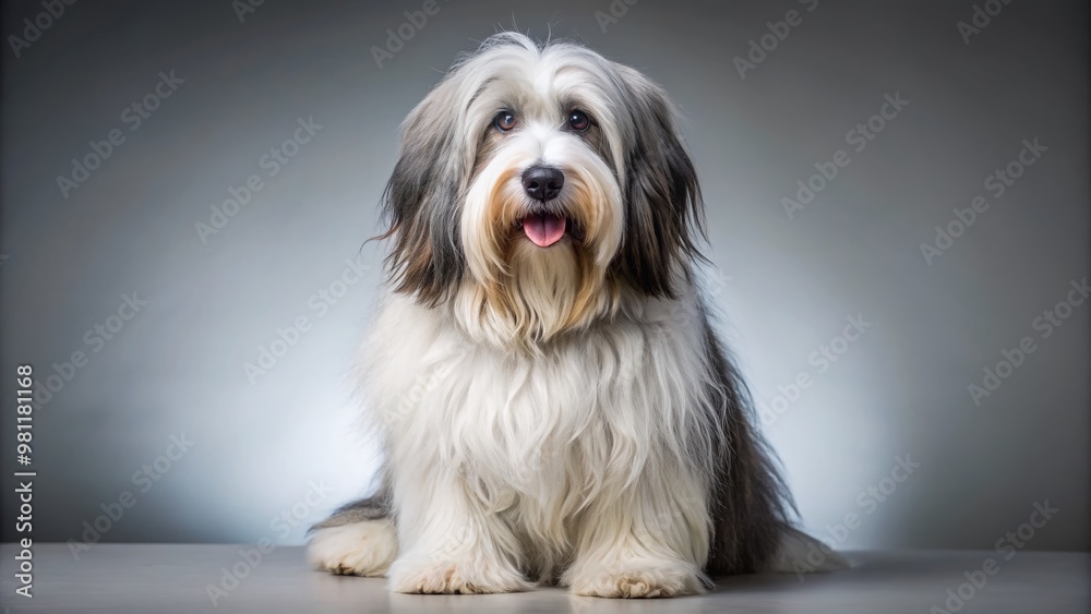 Adorable Polish Lowland Sheepdog with distinctive white and gray coat sitting regally in studio, showcasing its intelligent expression and fluffy fur in high contrast. Adorable Polish Lowland Sheepdog with distinctive white and gray coat sitting regally in studio, showcasing its intelligent expression and fluffy fur in high contrast.