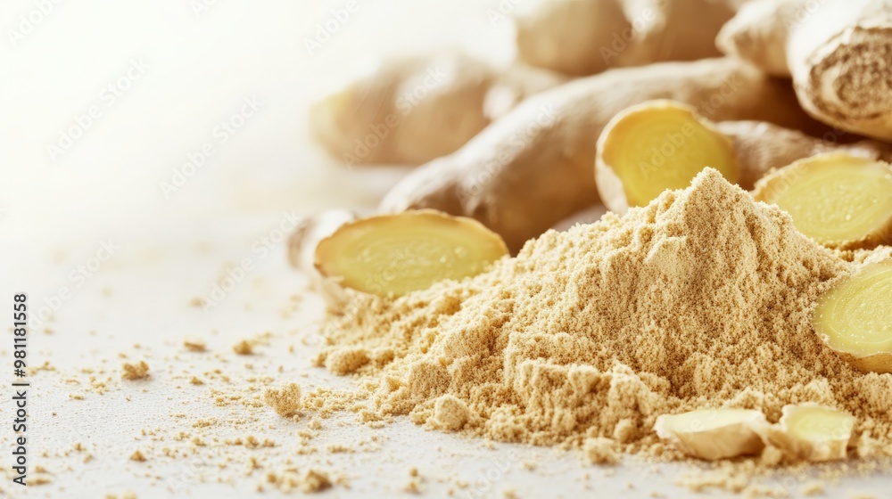 Close-up of fresh ginger roots and ground ginger powder, showcasing their texture and natural color on a light background. Close-up of fresh ginger roots and ground ginger powder, showcasing their texture and natural color on a light background.