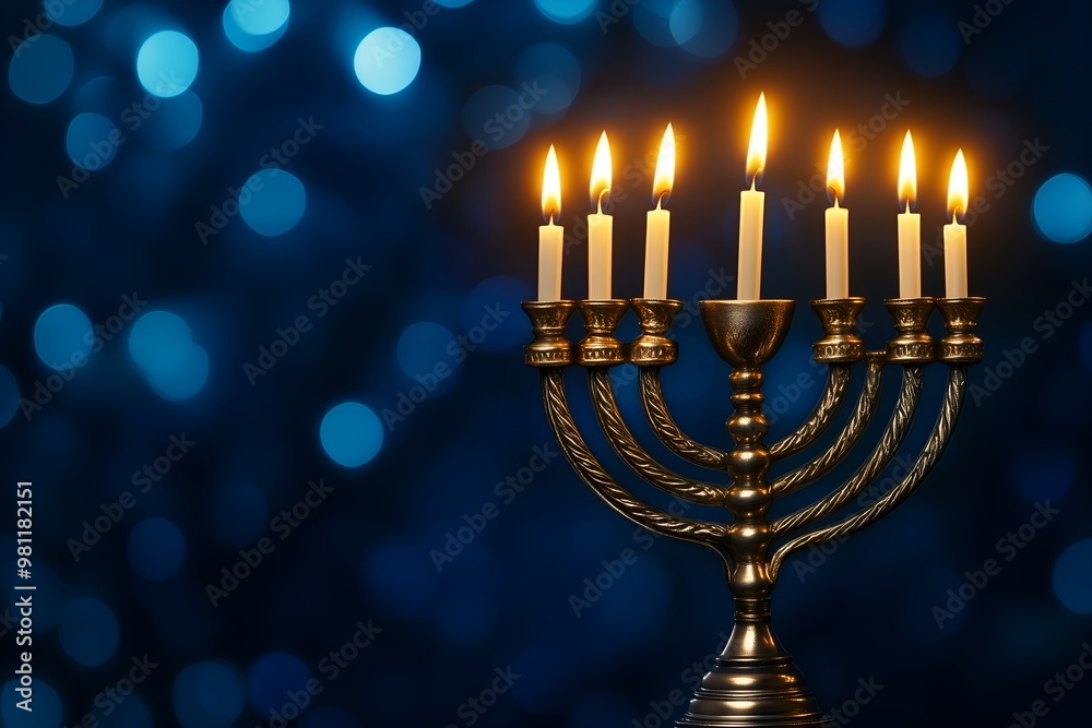 A menorah with all candles lit, glowing softly in the evening, banner with copy space A menorah with all candles lit, glowing softly in the evening, banner with copy space