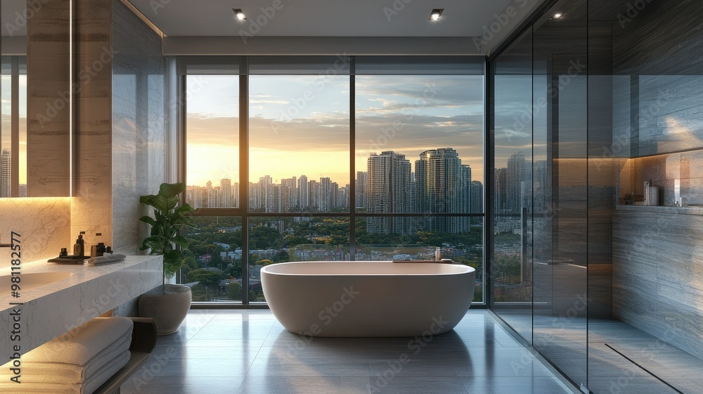 Fototapeta premium A modern bathroom with a deep soaking tub next to a large window with a cityscape view, creating a peaceful retreat.