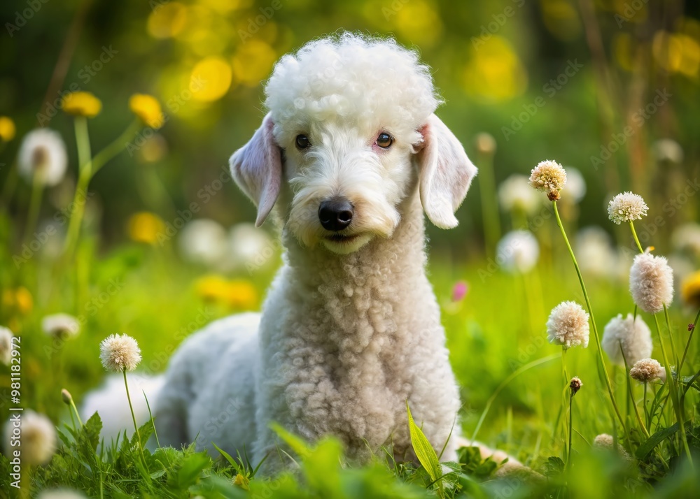 A fluffy white Bedlington Terrier with a distinctive lamb-like face and curly coat poses serenely in a lush green meadow surrounded by wildflowers. A fluffy white Bedlington Terrier with a distinctive lamb-like face and curly coat poses serenely in a lush green meadow surrounded by wildflowers.