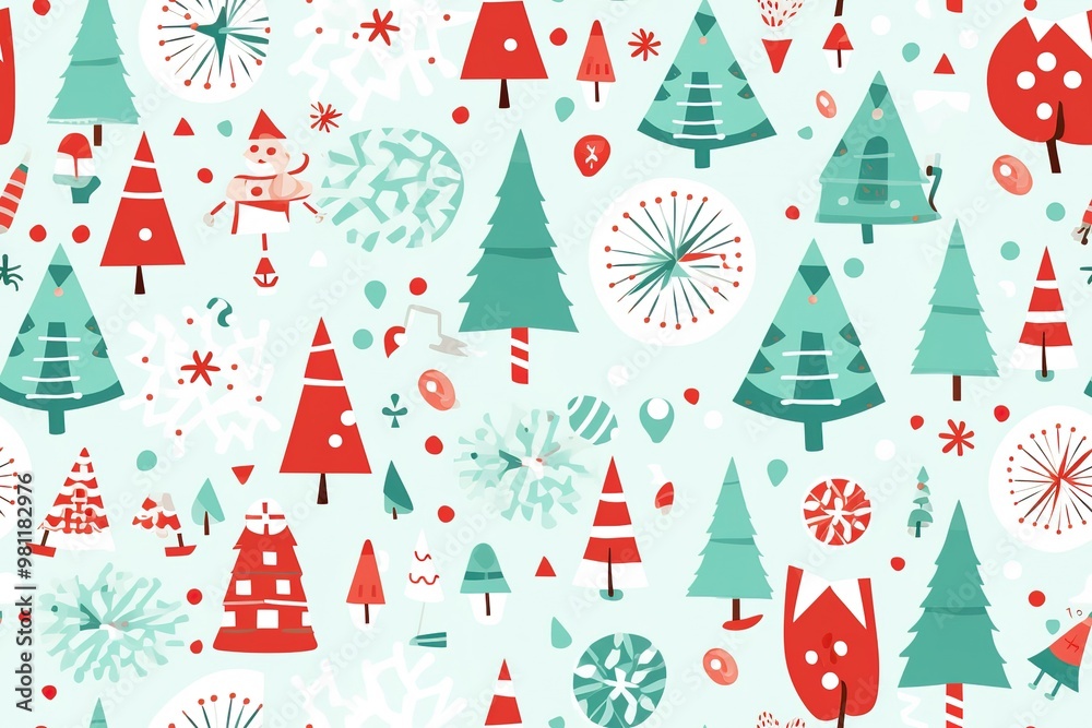 Christmas tree pattern, seamless background for wrapping paper, hand drawn spruces and snowflakes on red. Christmas tree pattern, seamless background for wrapping paper, hand drawn spruces and snowflakes on red.