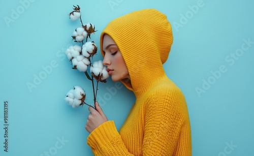 woman with a yellow scarf and a cotton plant over a light blue wall