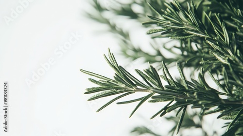 Close-up of fresh rosemary plant with green aromatic leaves, isolated on a white background, showcasing nature and herbal gardening.