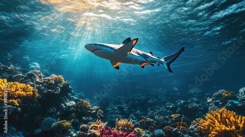 A reef shark swimming near the surface, with the light rays illuminating the water around it and the vibrant reef below. photo