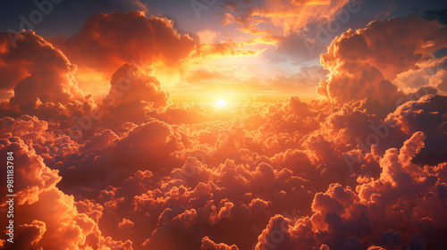 Golden Hour Above the Clouds: A breathtaking aerial perspective of a fiery sunset through billowing clouds, capturing the raw beauty of nature's spectacle. The radiant glow illuminates the sky, creati photo