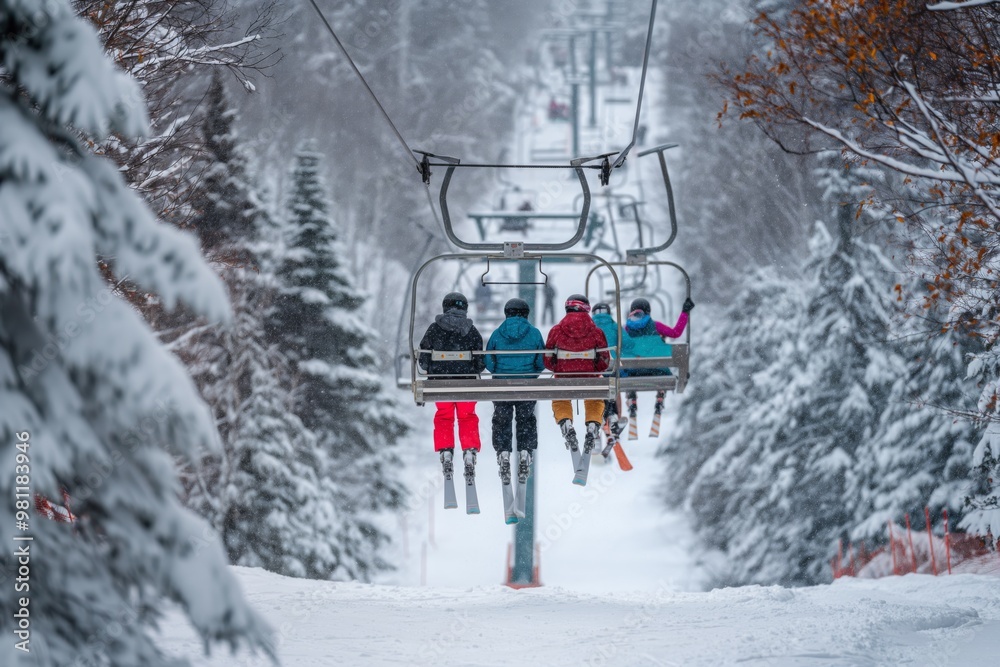 Naklejka premium In winter, enjoy an adventurefilled vacation at a cozy chalet in the Alpine mountains. Skiing, snowboarding, and serene nature make for a perfect holiday getaway with family and friends