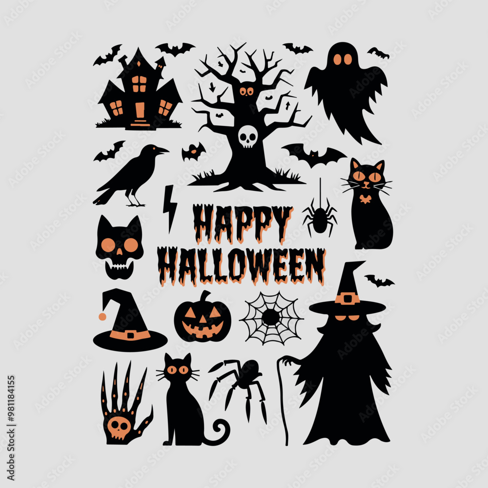 Happy Halloween Pumpkin, Bats And Other Character Happy Halloween Pumpkin, Bats And Other Character