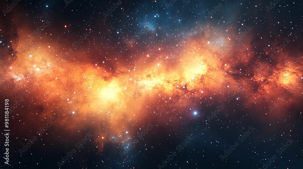 Naklejka premium A Cosmic Nebula with Glowing Orange and Blue Clouds and Scattered Stars