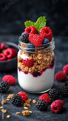 A delicious parfait with yogurt, fresh berries, and granola in a jar, perfect for a healthy breakfast or snack.