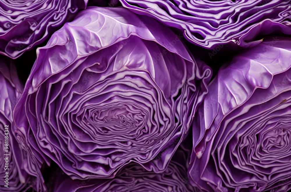 Obraz premium Close-up of the cross-section texture and pattern of purple cabbage