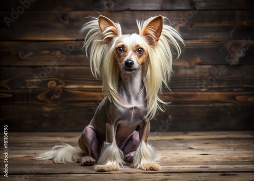 Adorable Chinese Crested dog with crest of fur on its head and plume on its tail, sitting on a rustic wooden floor, looking curious. photo