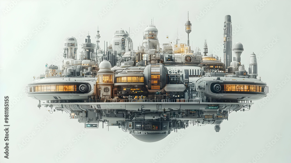 Fototapeta premium 3D Floating Campaign Headquarters with Orbiting Staff Concept | Medium Shot of Miniature Campaign Headquarters in Space | Dynamic Orbiting Staff Like Satellites | Isolated on White Background