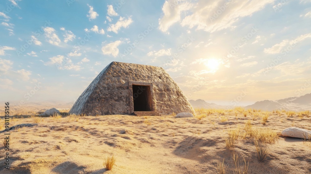 Ancient stone tomb with an open entrance set against a desert landscape with clear skies and a bright horizon Ancient stone tomb with an open entrance set against a desert landscape with clear skies and a bright horizon