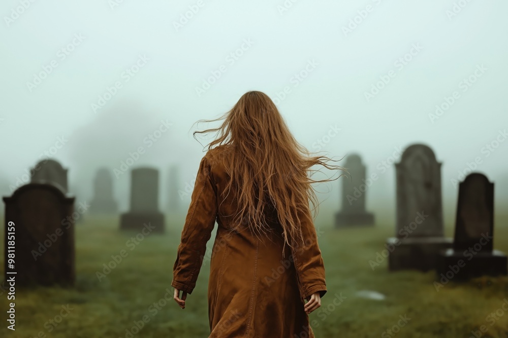 A woman with long, flowing hair and a brown coat stands in a foggy graveyard, facing away from the camera. The fog creates an eerie, mysterious atmosphere. A woman with long, flowing hair and a brown coat stands in a foggy graveyard, facing away from the camera. The fog creates an eerie, mysterious atmosphere.