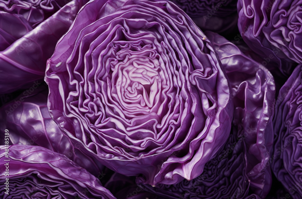 Obraz premium Close-up of the cross-section texture and pattern of purple cabbage