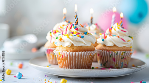 Delicious birthday cupcakes on a light-colored table