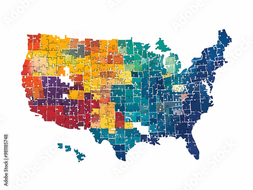 Flat Vector Illustration of a Jigsaw Puzzle Map of Voting Districts with Redistricting Options - Isolated on White Background for Smart Business Use photo