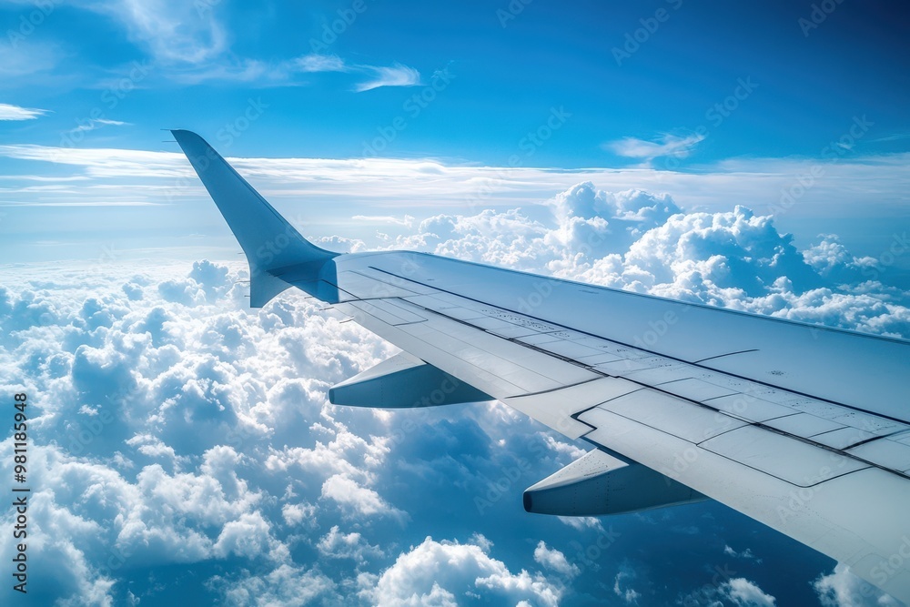 Obraz premium Sky From Airplane. Flying High Above the Fluffy Clouds in a Blue and White Sky