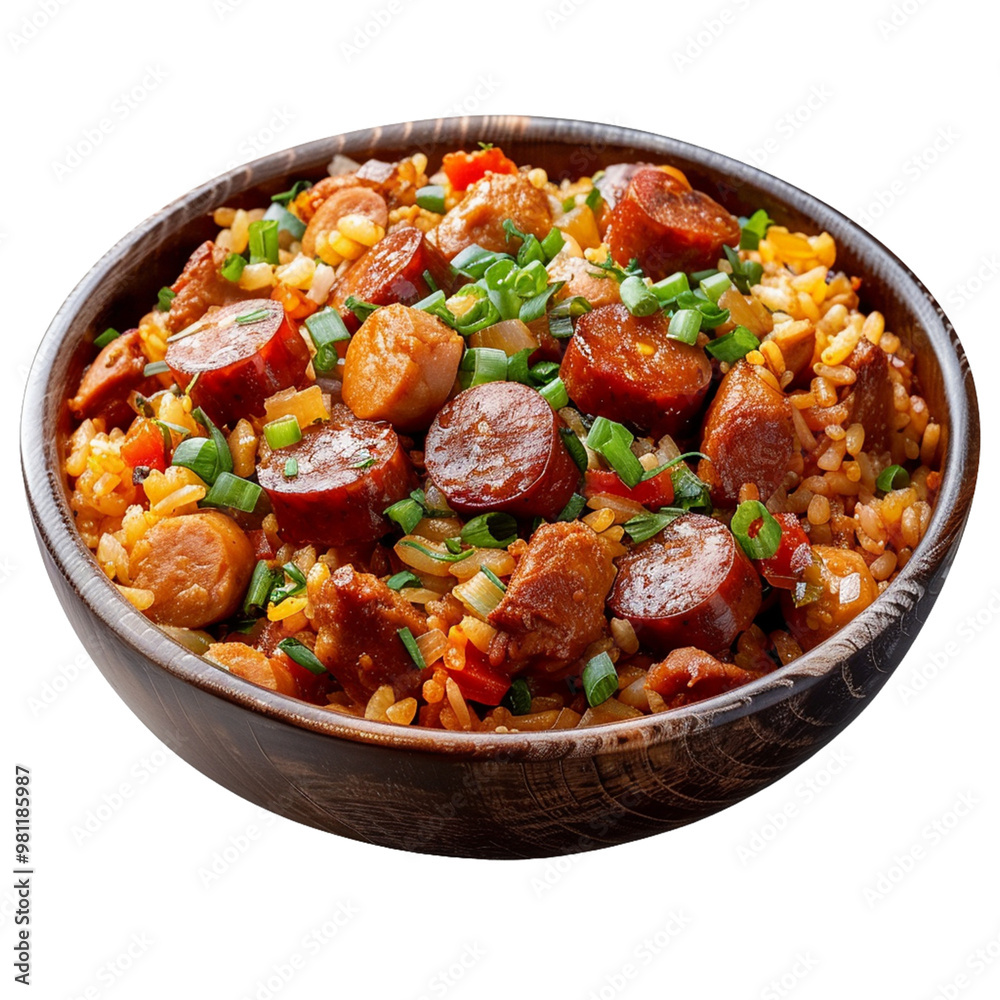 tasty creole jambalaya with chicken sausages isolated on transparent background tasty creole jambalaya with chicken sausages isolated on transparent background