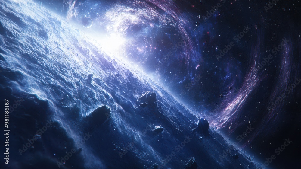 Fototapeta premium Celestial Canopy: Majestic Space Scene of Swirling Bodies and Cascading Dust in the Galaxy