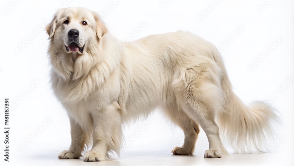 Majestic Great Pyrenees dog with thick white coat and piercing eyes stands isolated on a transparent background, showcasing its elegant and powerful build. Majestic Great Pyrenees dog with thick white coat and piercing eyes stands isolated on a transparent background, showcasing its elegant and powerful build.