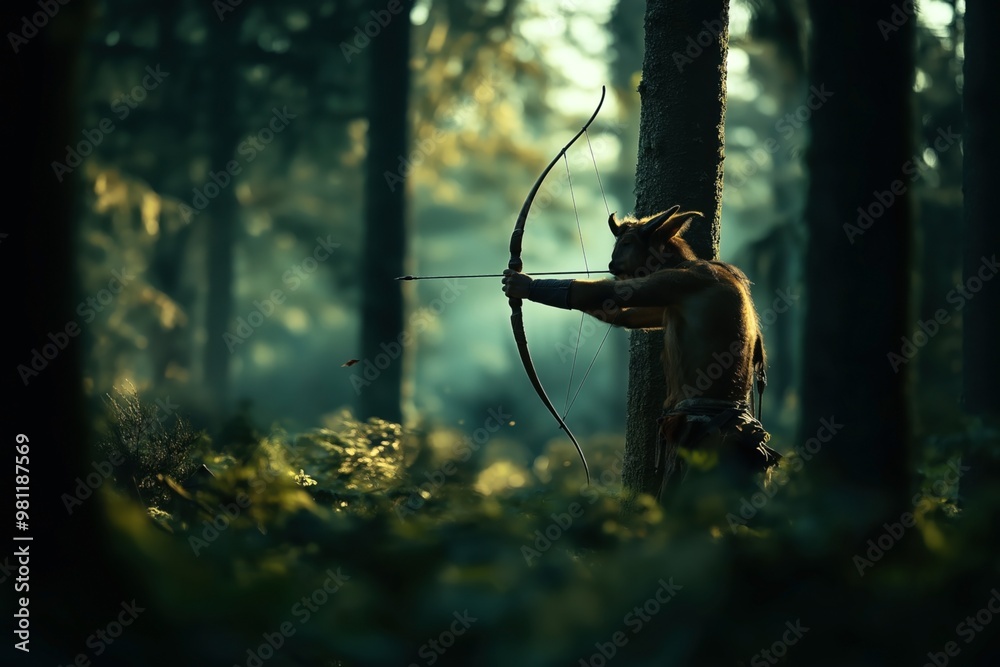 Naklejka premium A mythical faun, half-human, half-goat, is depicted in the forest, skillfully aiming a bow and arrow. The scene is set in a dense, lush, green woodland.