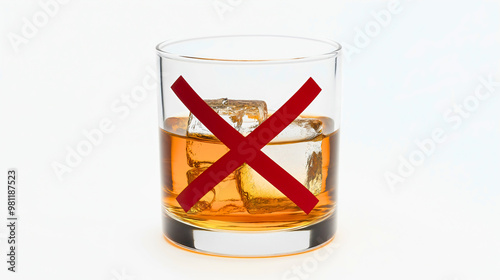 Closeup glass with red warning X sign prohibiting alcohol, a forbidden and unhealthy drink restricted and a stop symbol, warning of addiction danger and health risk, quit drinking, prevent alcoholism