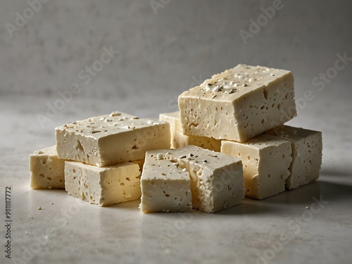 Blocks of feta cheese isolated on white, fresh and soft Greek cheese.