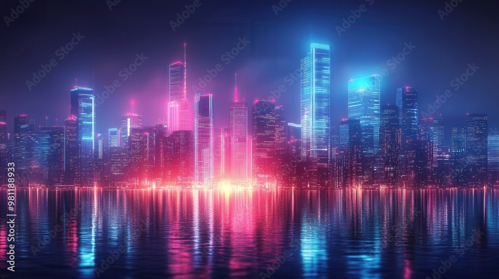 Fototapeta premium A futuristic cityscape with neon-lit skyscrapers reflecting on a calm water surface during nighttime.