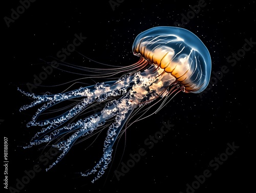 Glowing bioluminescent jellyfish floating gracefully in dark ocean photo