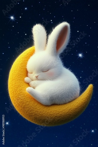 Mid-Autumn Festival poster,cute white rabit sitting on yellow moon,fairy tale.