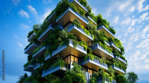 Modern building with lush greenery, showcasing sustainable architecture and urban design under a clear blue sky.