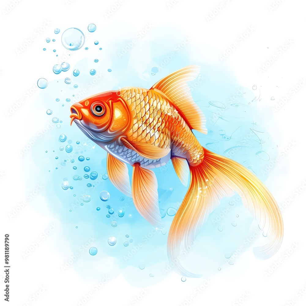 A colorful goldfish swims gracefully in clear blue water, surrounded by air bubbles. A colorful goldfish swims gracefully in clear blue water, surrounded by air bubbles.